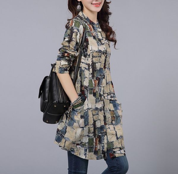 2021 new cotton linen blouses spring summer vintage art floral shirt women blusas stand collar long sleeve loose blouse 39bj, White